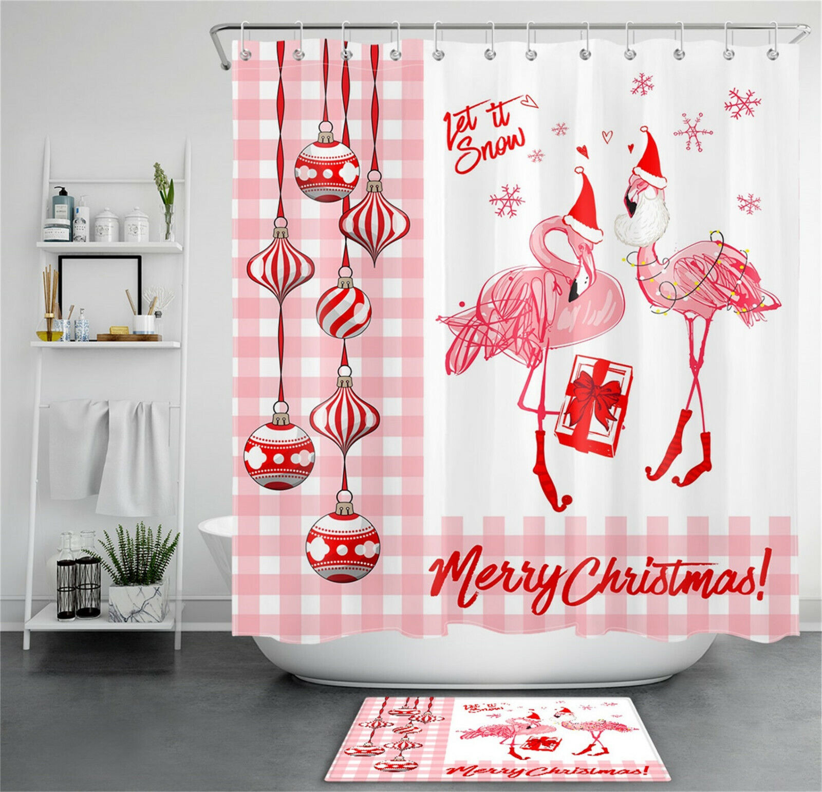 Adorable Flamingo Xmas Balls Snowflakes Merry Christmas Shower Curtain for Bathroom Decor