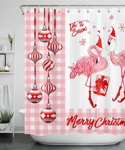 Adorable Flamingo Xmas Balls Snowflakes Merry Christmas Shower Curtain for Bathroom Decor