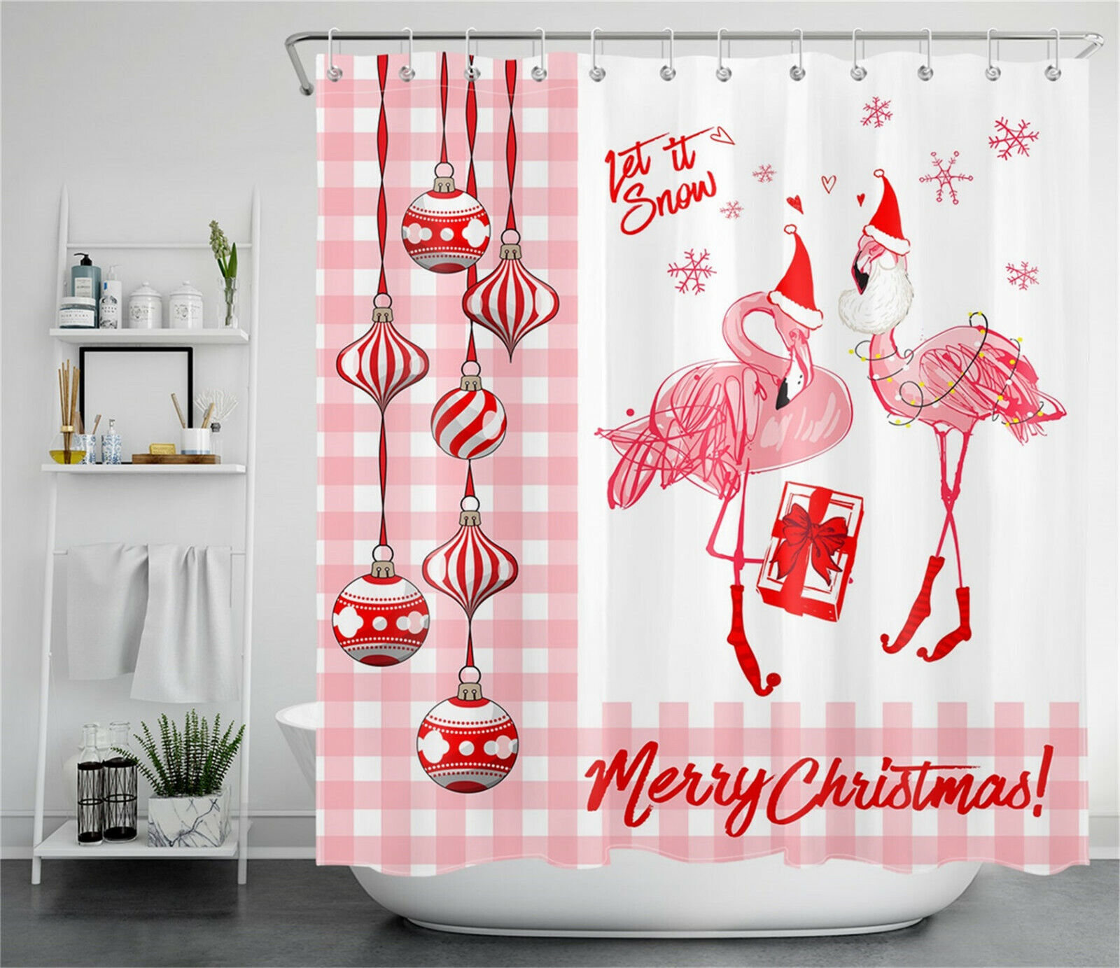 Adorable Flamingo Xmas Balls Snowflakes Merry Christmas Shower Curtain for Bathroom Decor