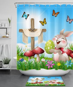 Adorable Floral Red Mushroom Rabbit Easter Eggs Shower Curtain For An Organic Bathroom Decor