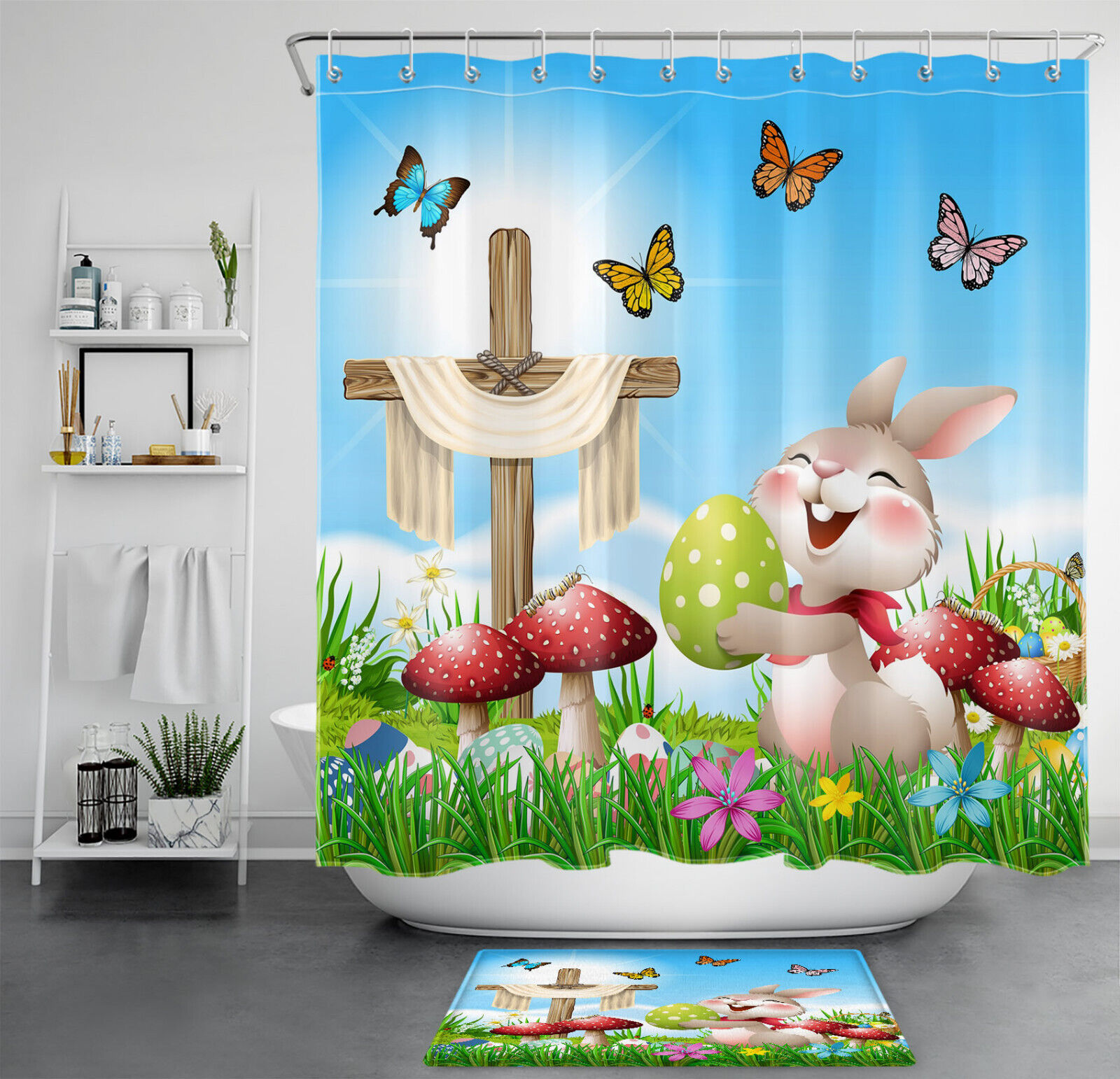 Adorable Floral Red Mushroom Rabbit Easter Eggs Shower Curtain For An Organic Bathroom Decor