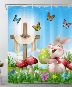 Adorable Floral Red Mushroom Rabbit Easter Eggs Shower Curtain For An Organic Bathroom Decor