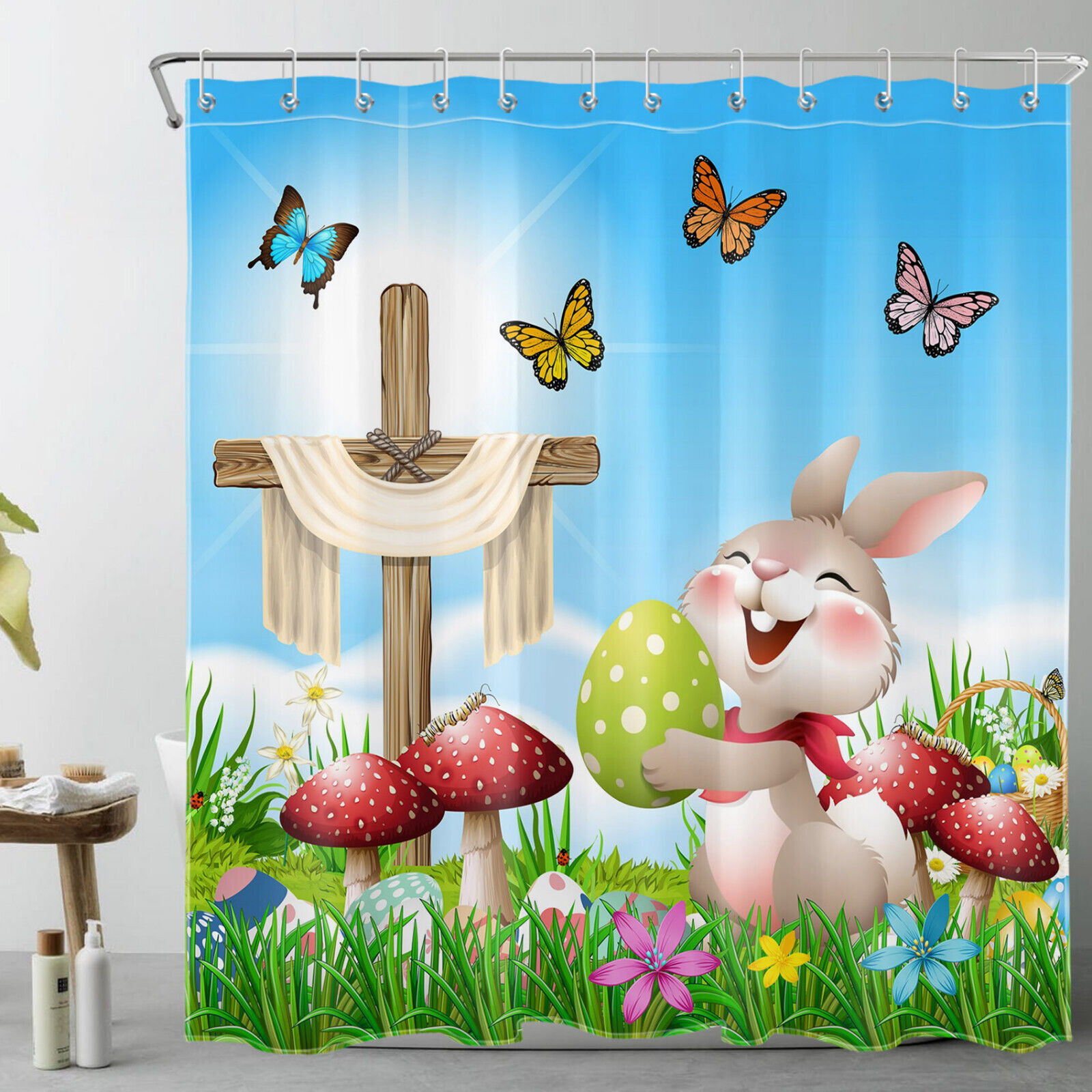 Adorable Floral Red Mushroom Rabbit Easter Eggs Shower Curtain For An Organic Bathroom Decor