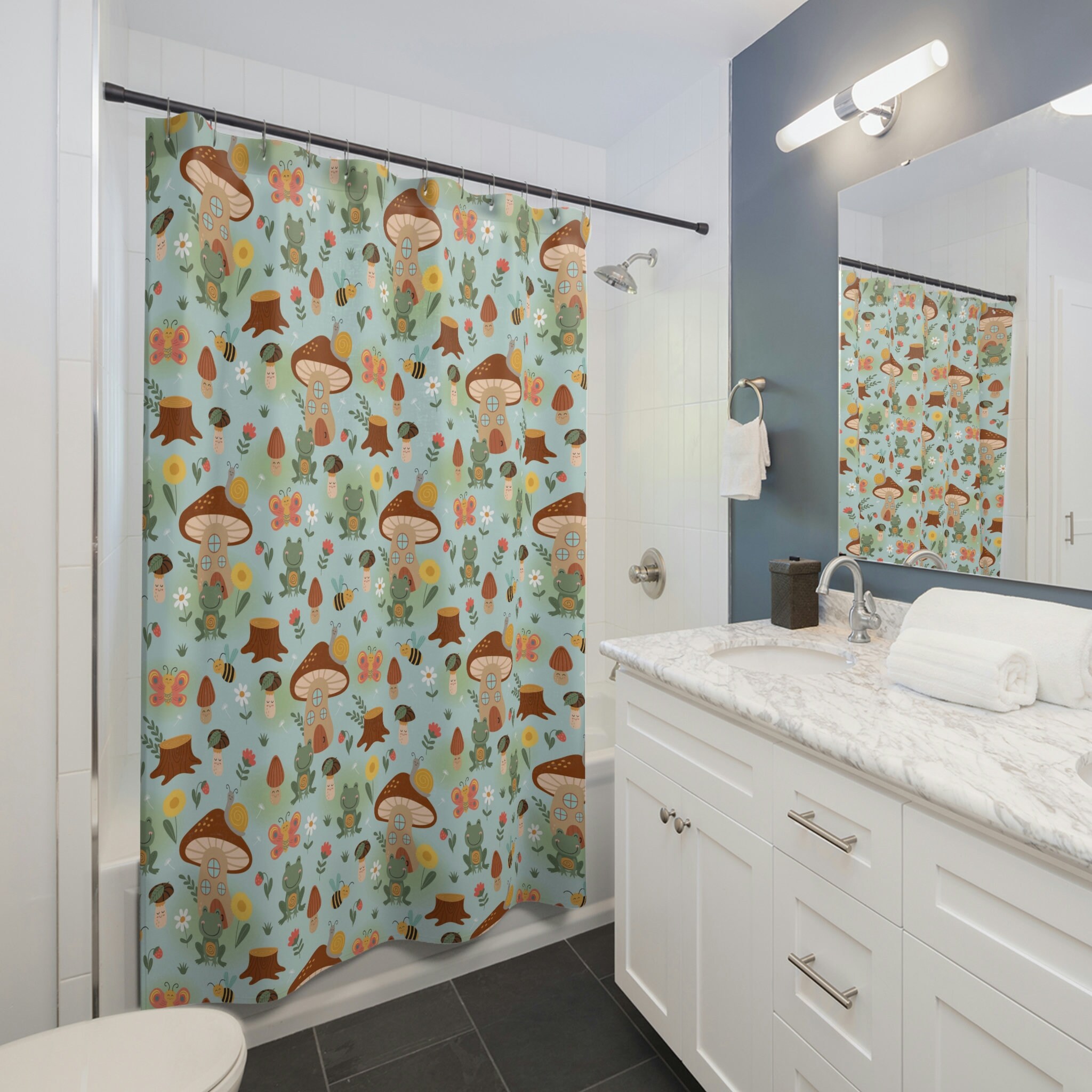 Adorable Frog And Mushroom Shower Curtain For Fun And Vibrant Bathroom Decor