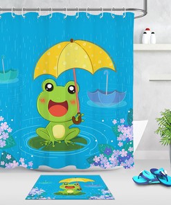 Adorable Froggy Umbrella Cartoon Shower Curtain With Matching Bath Mat