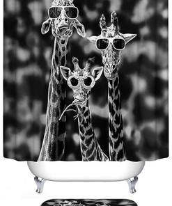Adorable Giraffe Shower Curtain With Grassland Animal Background Waterproof And Fabric