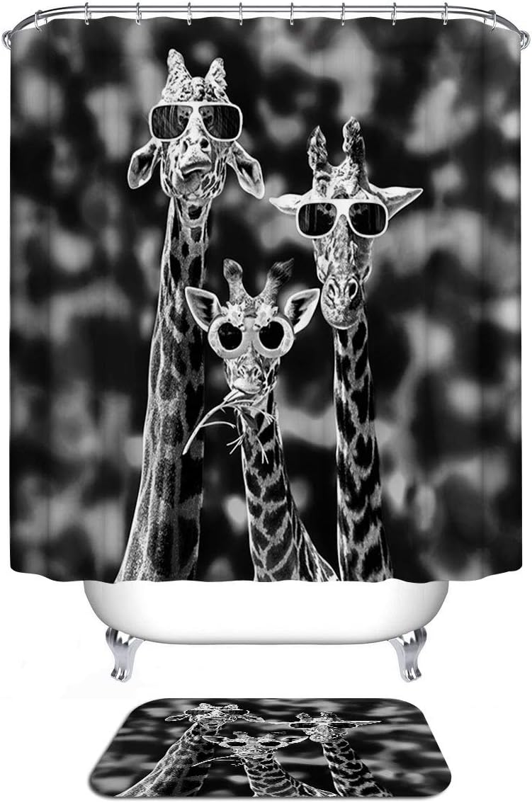 Adorable Giraffe Shower Curtain With Grassland Animal Background Waterproof And Fabric
