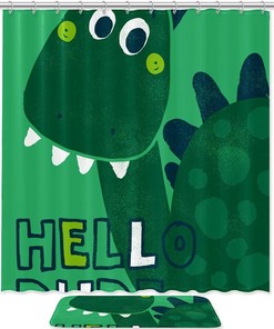 Adorable Green Dinosaur Hello Shower Curtain Made With Durable And Waterproof Fabric For A Fun Bathroom