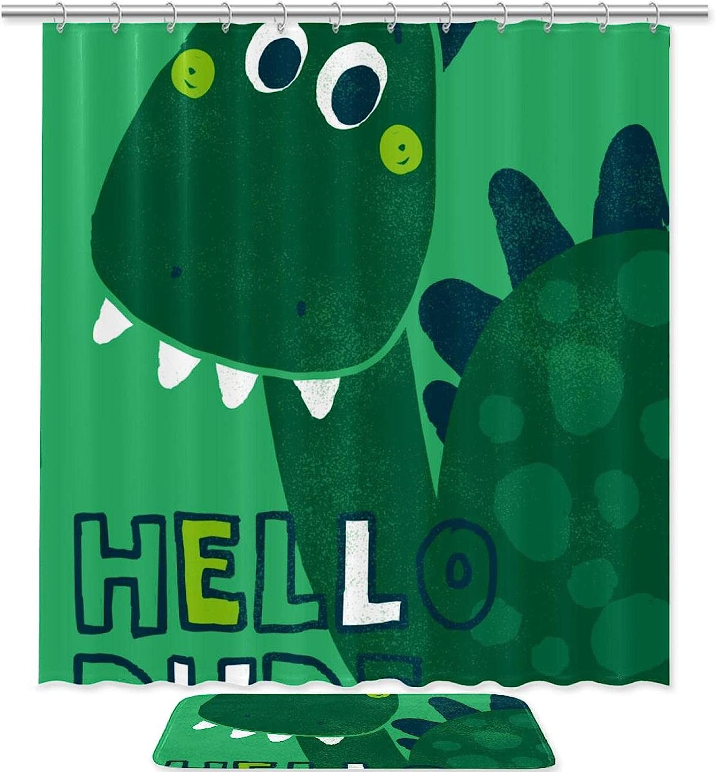 Adorable Green Dinosaur Hello Shower Curtain Made With Durable And Waterproof Fabric For A Fun Bathroom