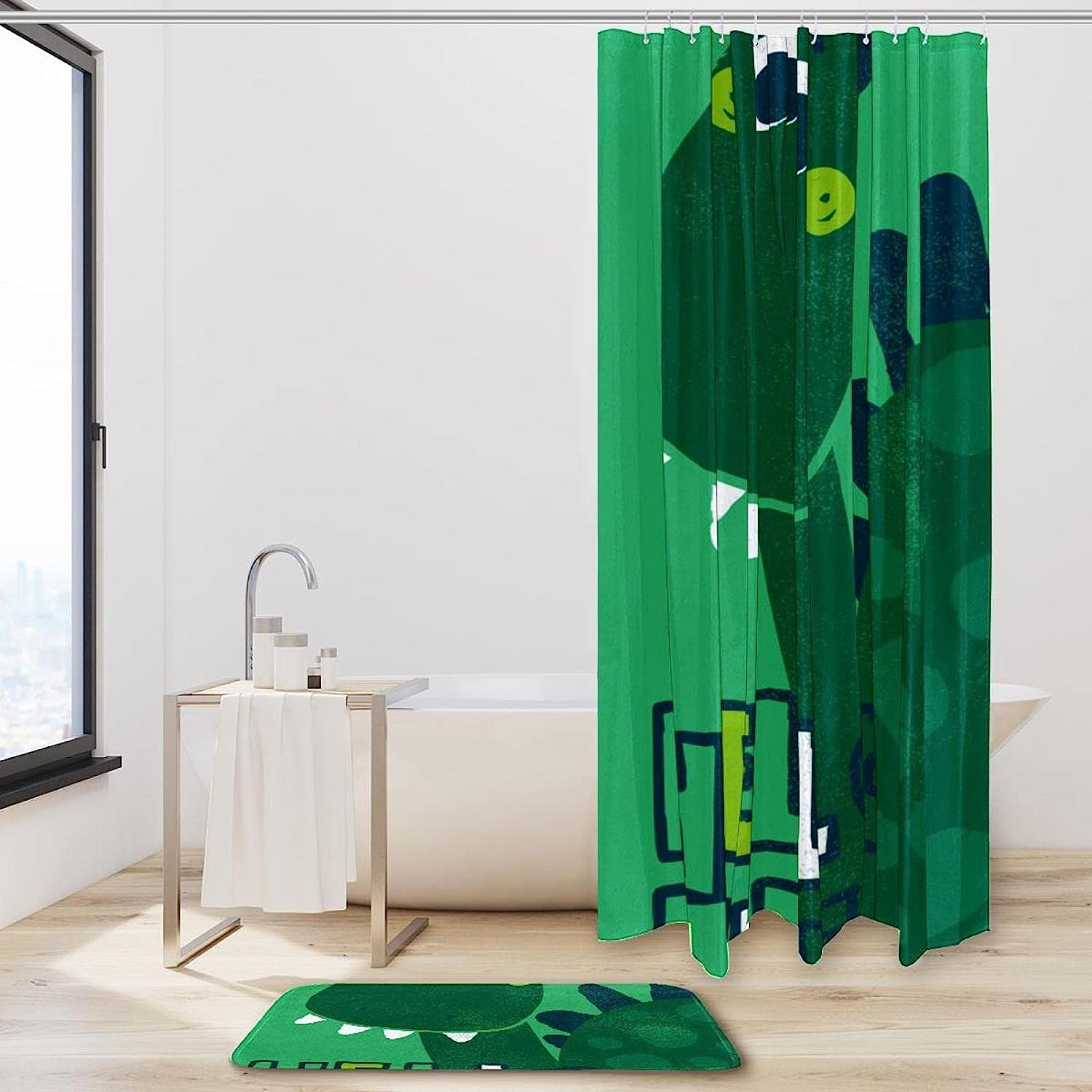 Adorable Green Dinosaur Hello Shower Curtain Made With Durable And Waterproof Fabric For A Fun Bathroom - Image 2