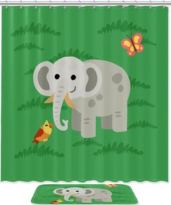 Adorable Green Elephant Shower Curtain, Waterproof Fabric Bathroom Decor With Animal Print