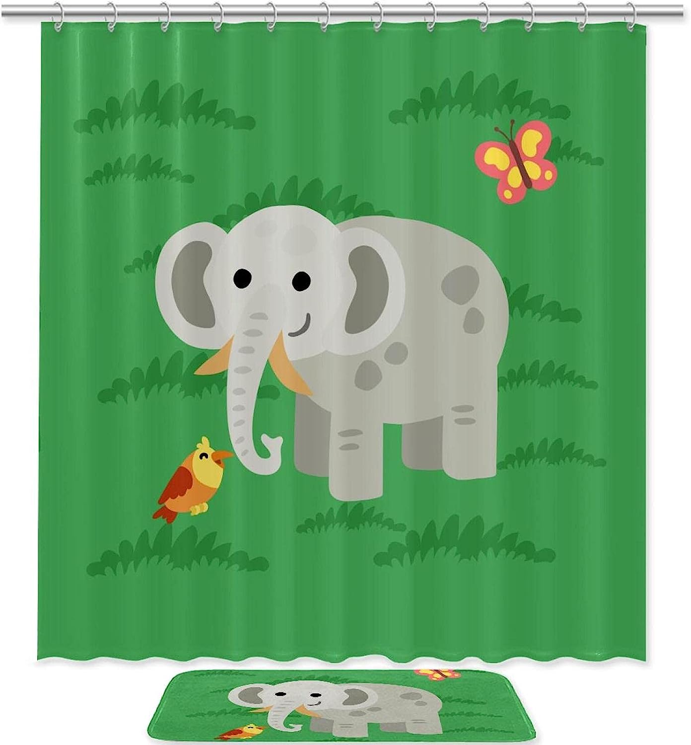 Adorable Green Elephant Shower Curtain, Waterproof Fabric Bathroom Decor With Animal Print
