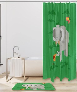 Adorable Green Elephant Shower Curtain, Waterproof Fabric Bathroom Decor With Animal Print