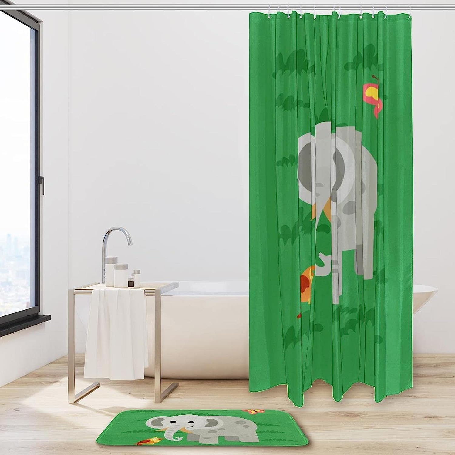 Adorable Green Elephant Shower Curtain, Waterproof Fabric Bathroom Decor With Animal Print