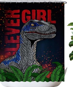 Adorable Kids Shower Curtain With Cool Dinosaur Bathroom Decor, Featuring Clever Girl The Velociraptor