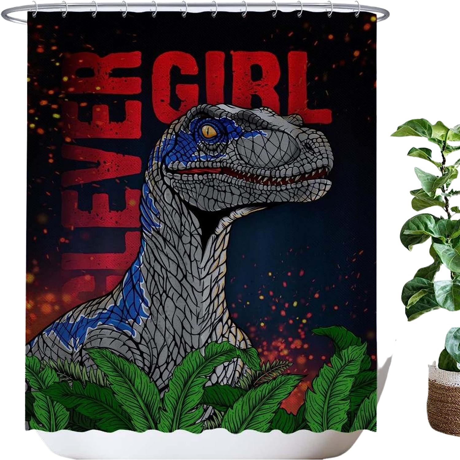Adorable Kids Shower Curtain With Cool Dinosaur Bathroom Decor, Featuring Clever Girl The Velociraptor