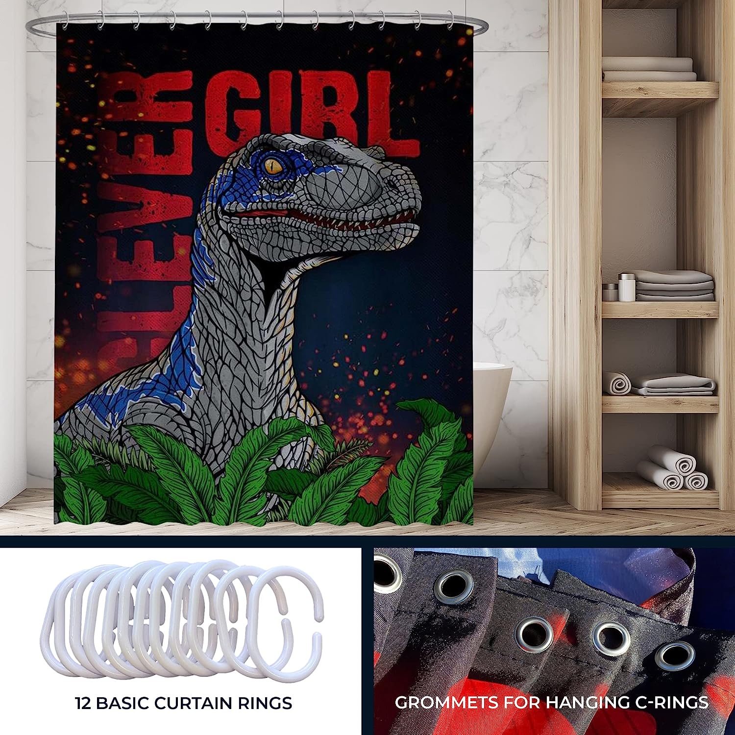 Adorable Kids Shower Curtain With Cool Dinosaur Bathroom Decor, Featuring Clever Girl The Velociraptor - Image 2