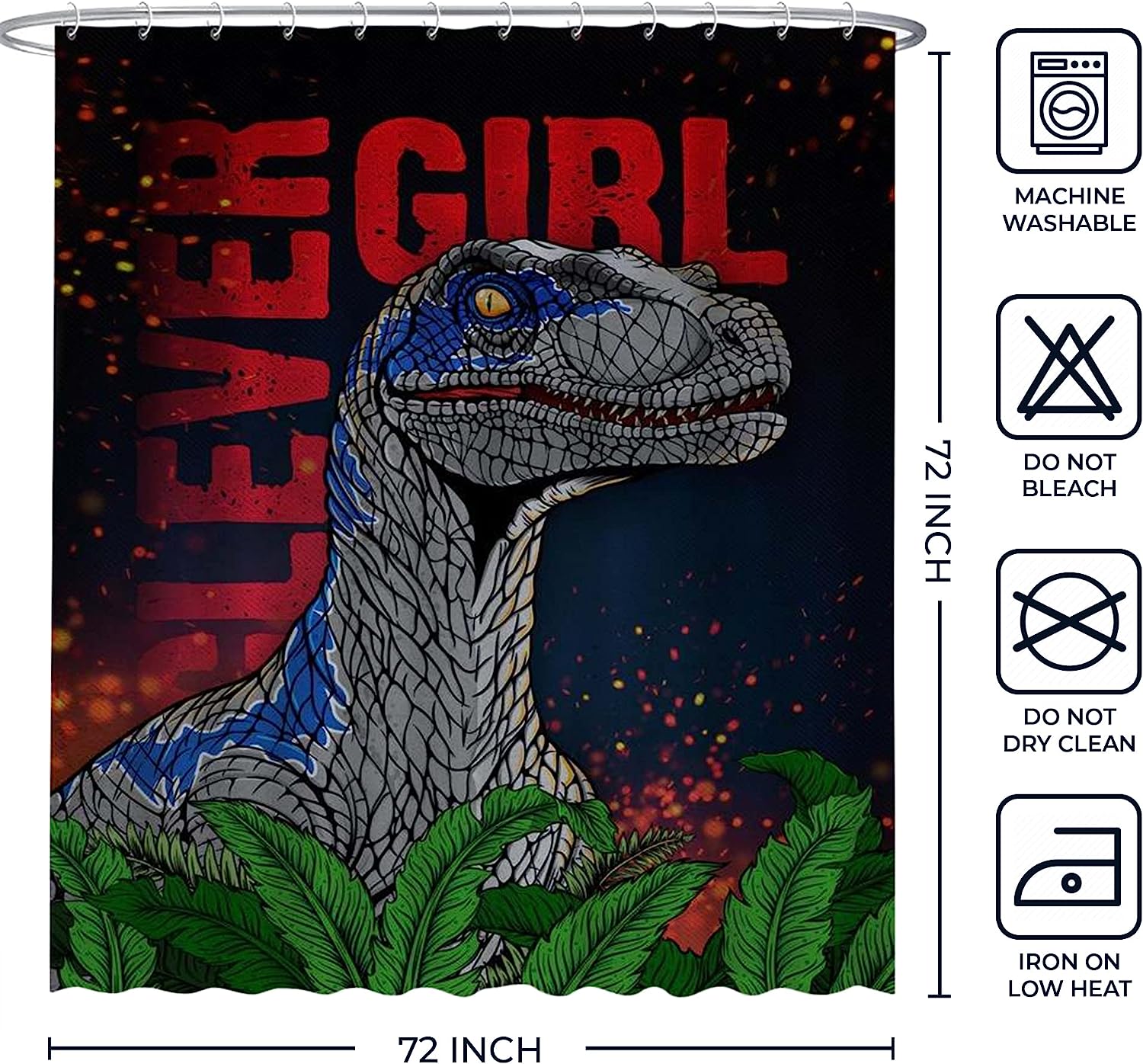 Adorable Kids Shower Curtain With Cool Dinosaur Bathroom Decor, Featuring Clever Girl The Velociraptor - Image 3