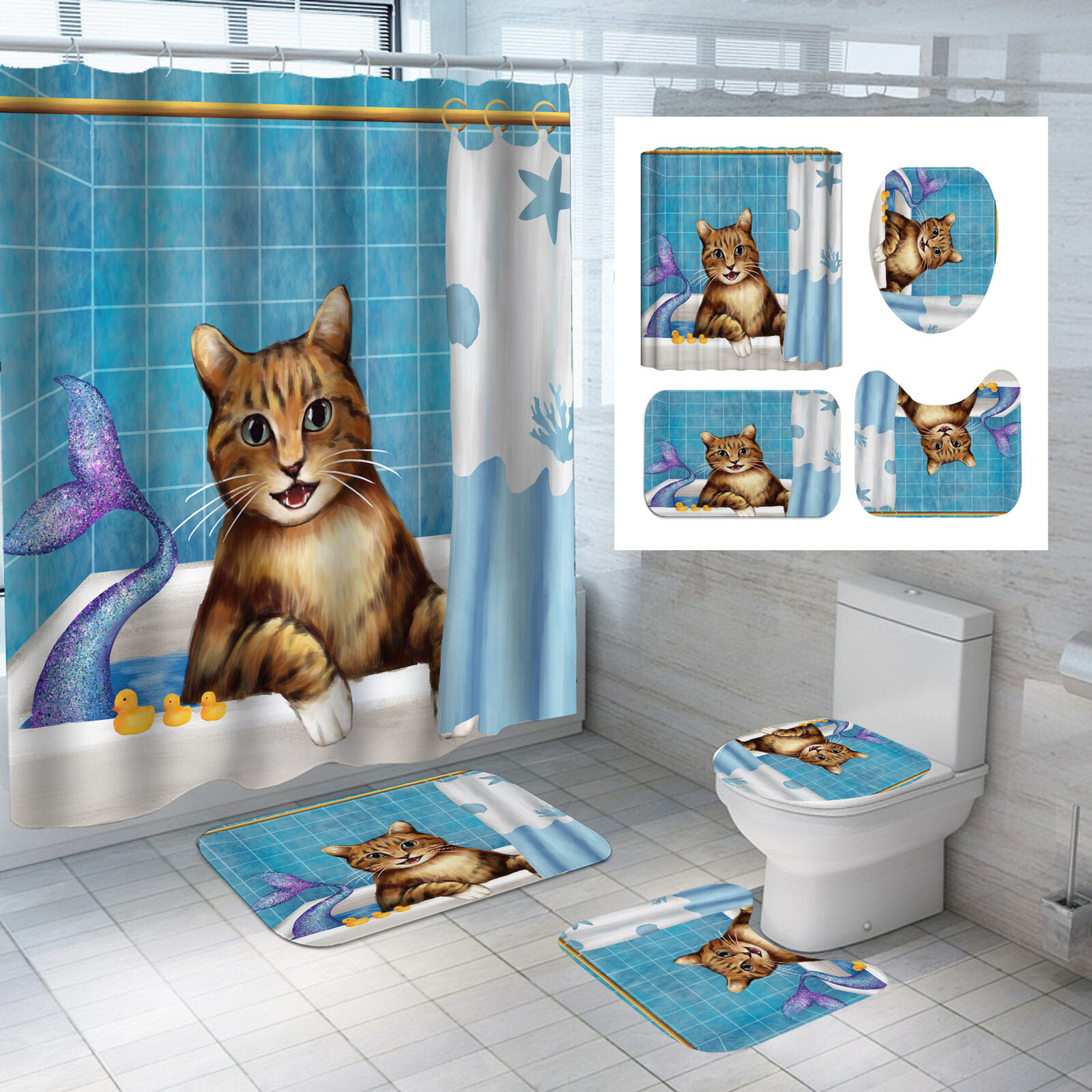 Adorable Kitten Mermaid Waterproof Shower Curtain for Your Bathroom