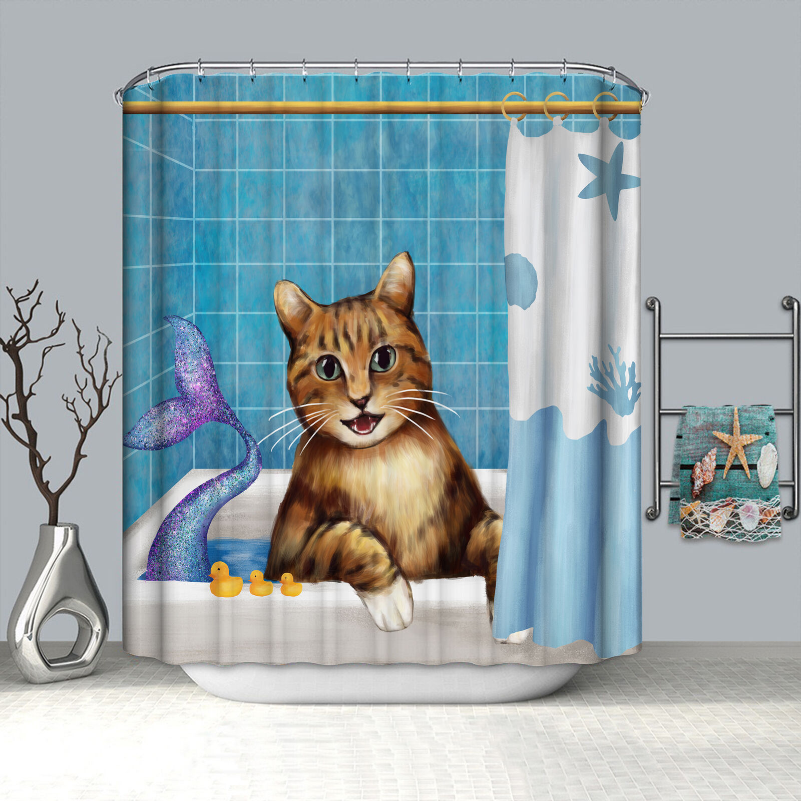 Adorable Kitten Mermaid Waterproof Shower Curtain for Your Bathroom