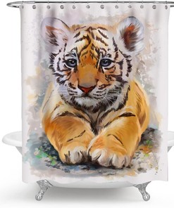 Adorable Little Tiger Fabric Shower Curtain for Kids Bathroom 