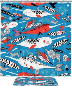 Adorable Marine White Red Whale Shower Curtain for your Bathroom