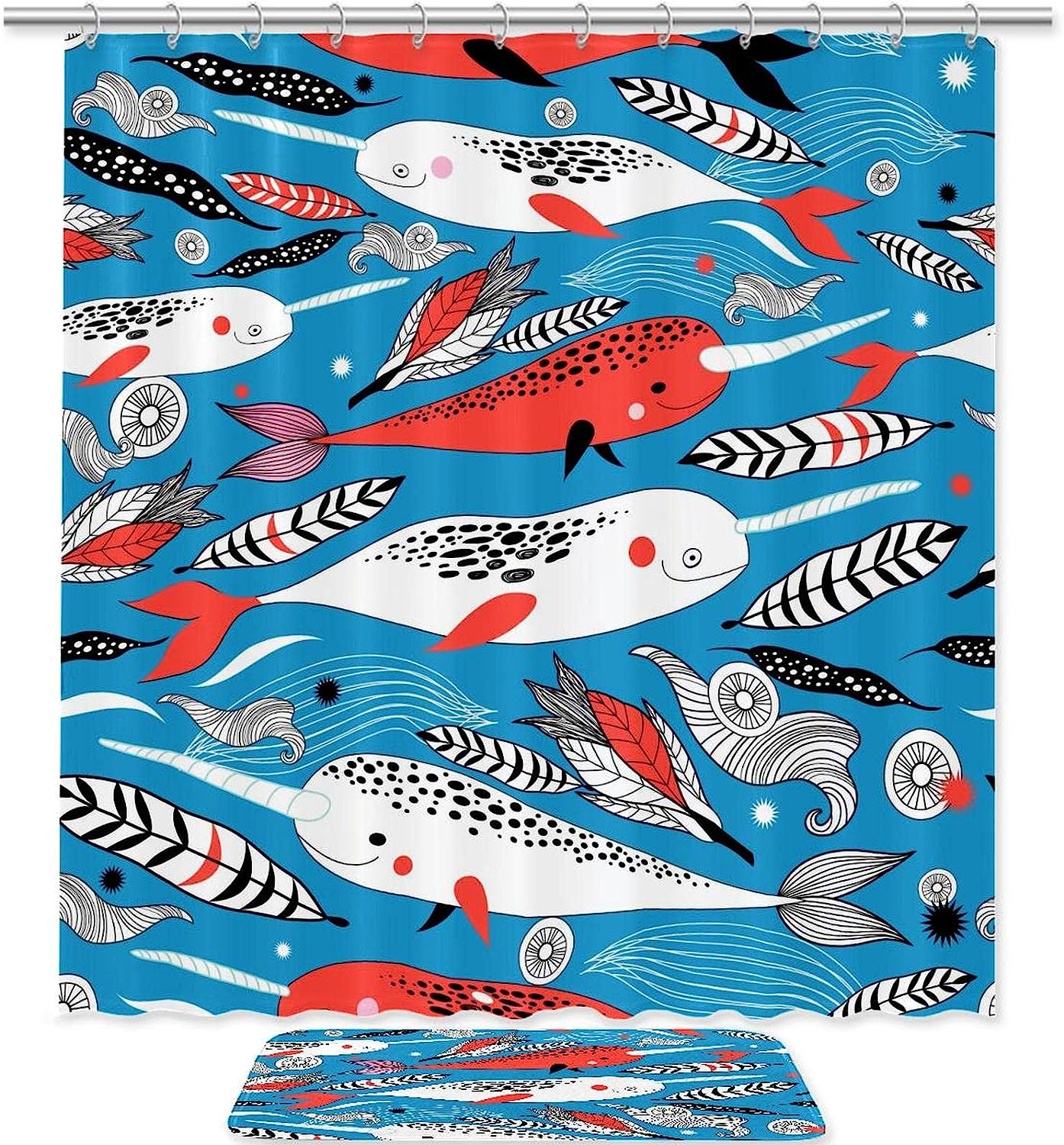Adorable Marine White Red Whale Shower Curtain for your Bathroom