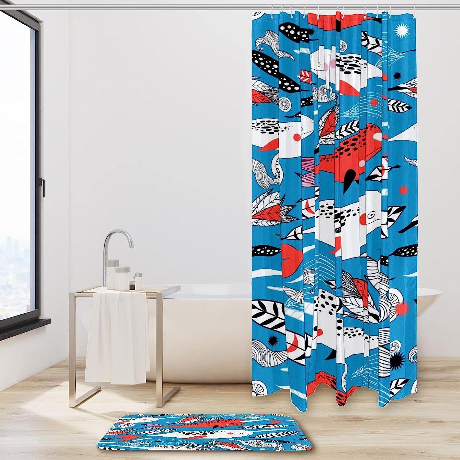 Adorable Marine White Red Whale Shower Curtain for your Bathroom