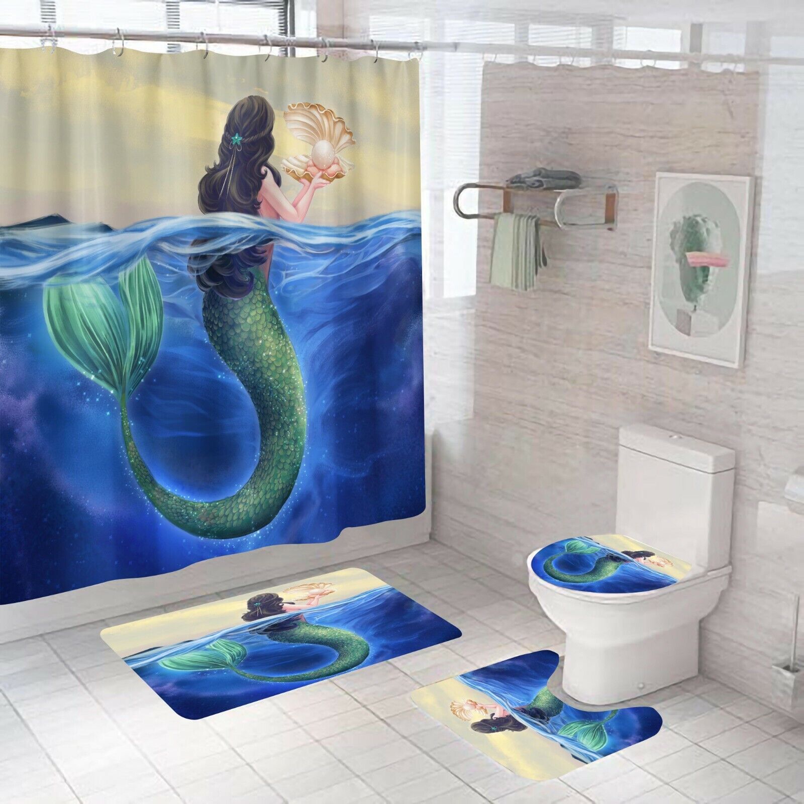 Adorable Mermaid Print Shower Curtain for Girls Bathroom
