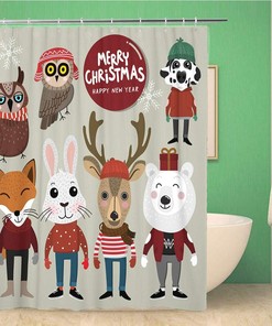 Adorable Merry Christmas Shower Curtain with Cartoon Collection - Waterproof Fabric Bathroom Curtains