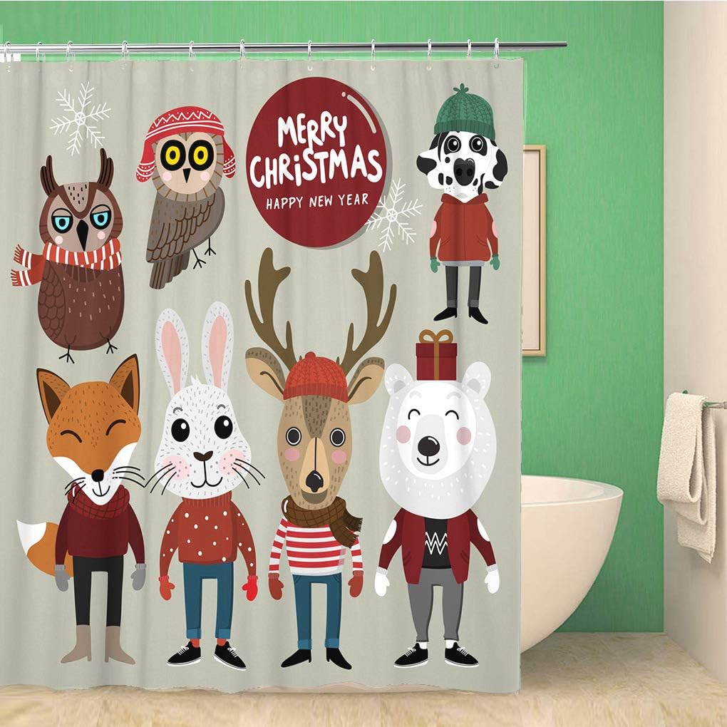 Adorable Merry Christmas Shower Curtain with Cartoon Collection - Waterproof Fabric Bathroom Curtains