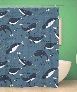 Adorable Narwhal Whale Shower Curtain with Cartoon Animals - Waterproof Fabric Bathroom Curtains 