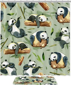 Adorable Panda and Bamboo Waterproof Fabric Shower Curtain for Bathroom