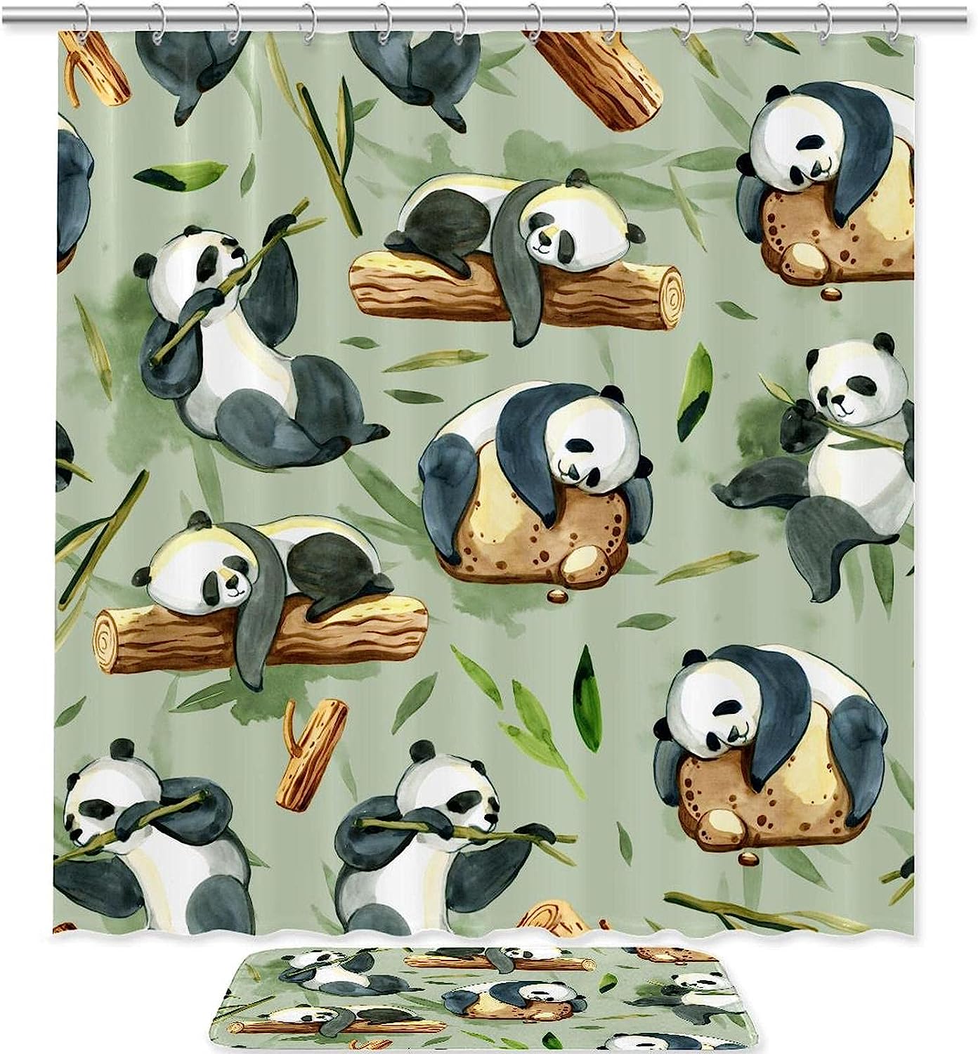 Adorable Panda and Bamboo Waterproof Fabric Shower Curtain for Bathroom