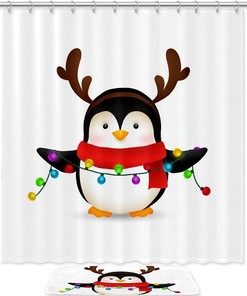 Adorable Penguin Christmas Celebration Print Shower Curtain, Waterproof Bathroom Decor