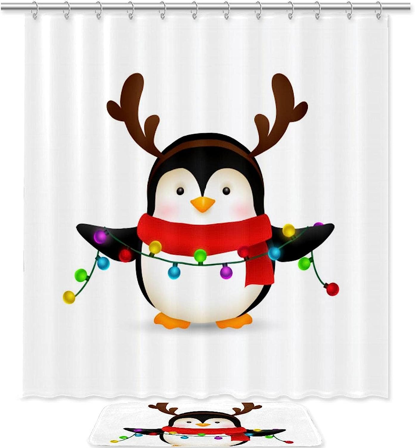 Adorable Penguin Christmas Celebration Print Shower Curtain, Waterproof Bathroom Decor