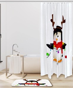 Adorable Penguin Christmas Celebration Print Shower Curtain, Waterproof Bathroom Decor