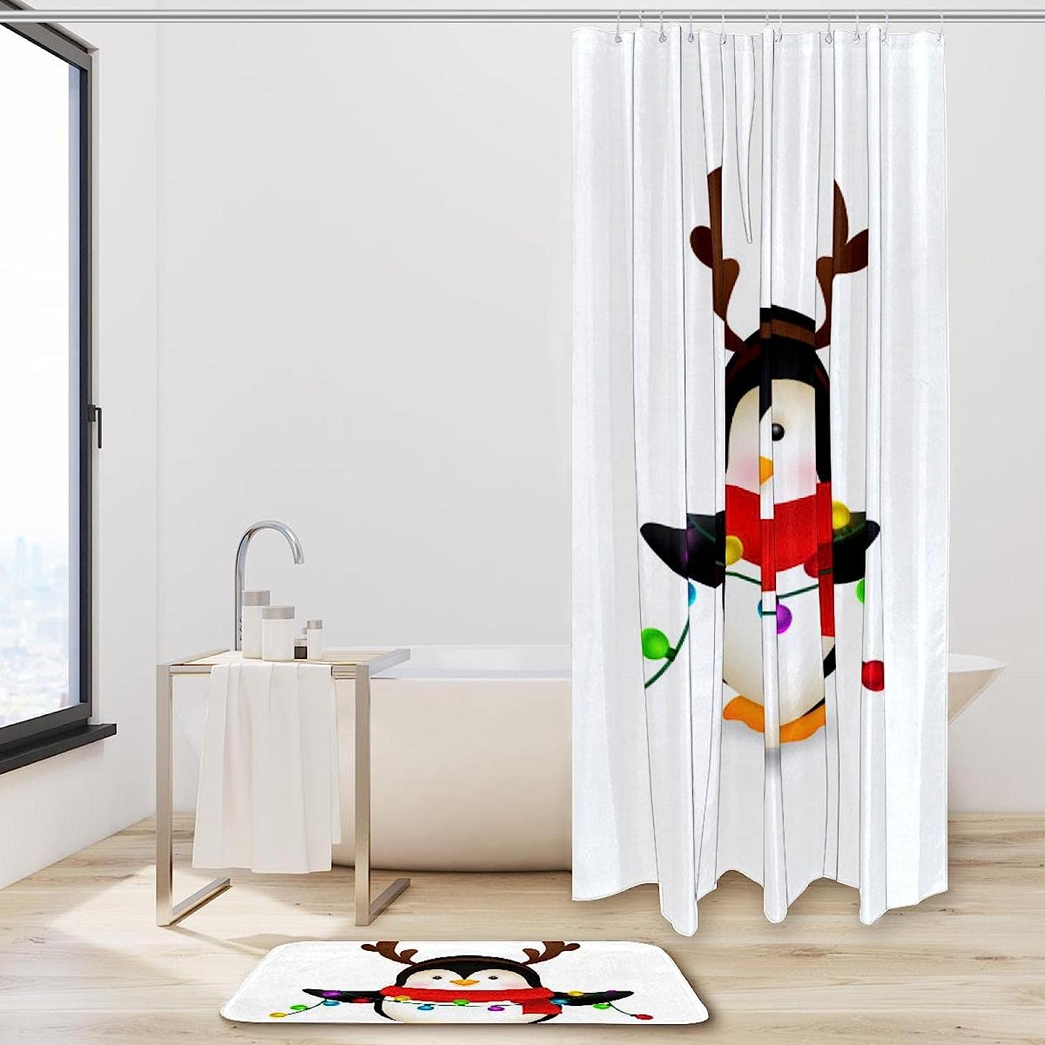 Adorable Penguin Christmas Celebration Print Shower Curtain, Waterproof Bathroom Decor