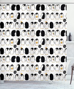 Adorable Penguin Shower Curtain, Cartoon Arctic Animals Holding Hands Theme, Charcoal Grey Marigold