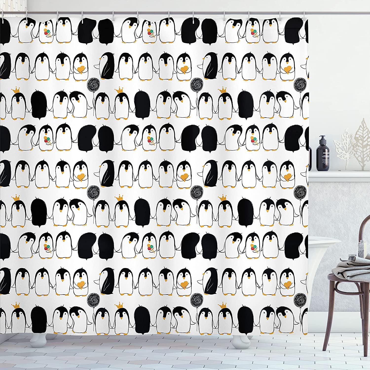 Adorable Penguin Shower Curtain, Cartoon Arctic Animals Holding Hands Theme, Charcoal Grey Marigold