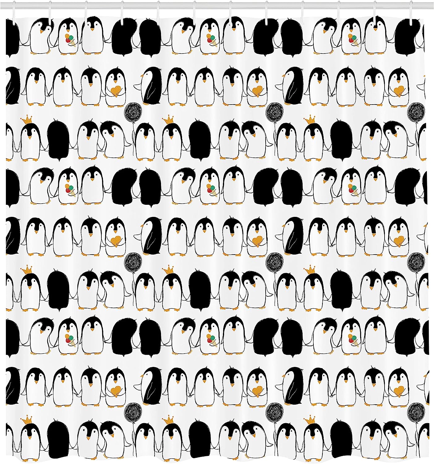Adorable Penguin Shower Curtain, Cartoon Arctic Animals Holding Hands Theme, Charcoal Grey Marigold - Image 2