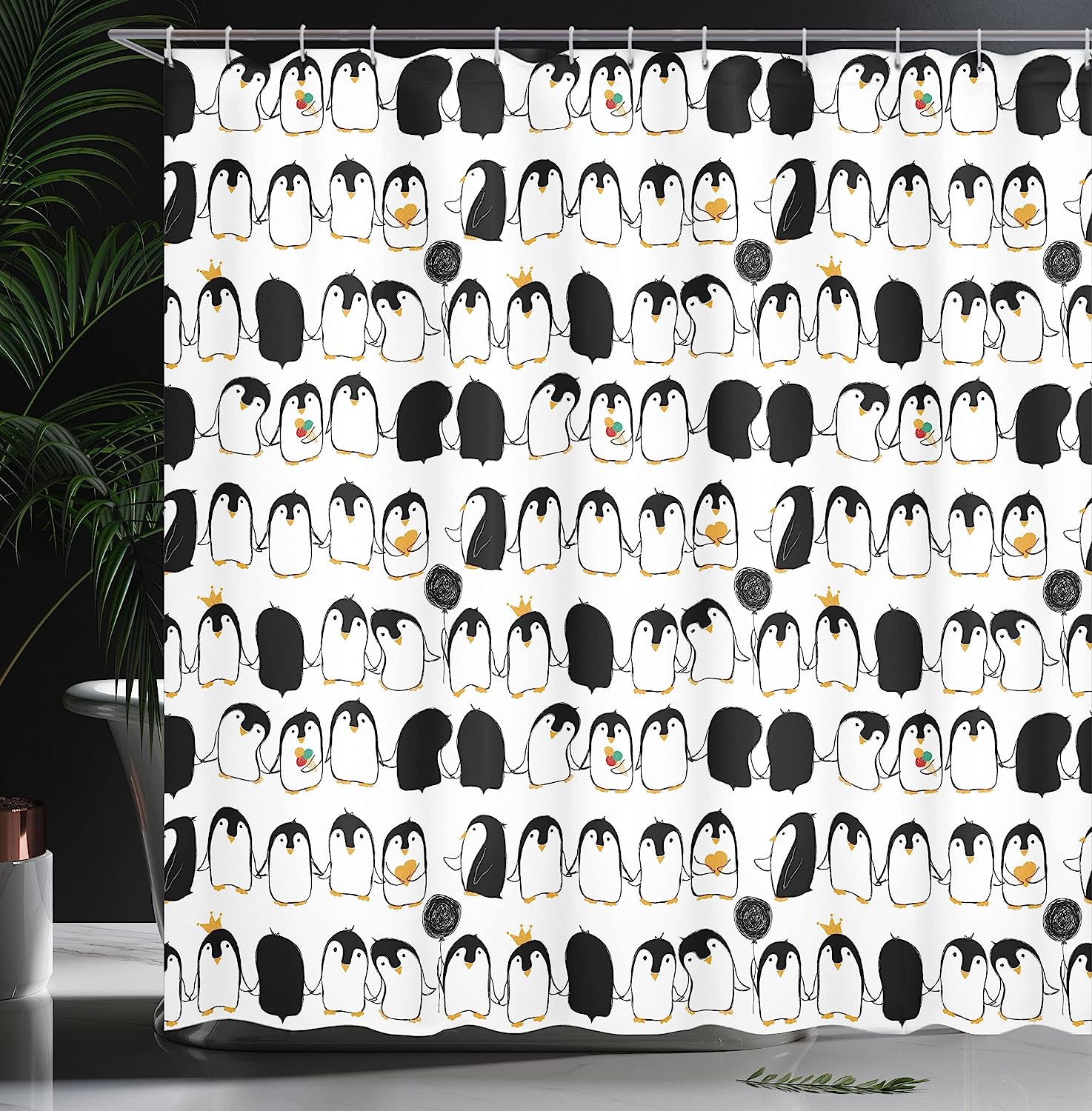 Adorable Penguin Shower Curtain, Cartoon Arctic Animals Holding Hands Theme, Charcoal Grey Marigold - Image 3