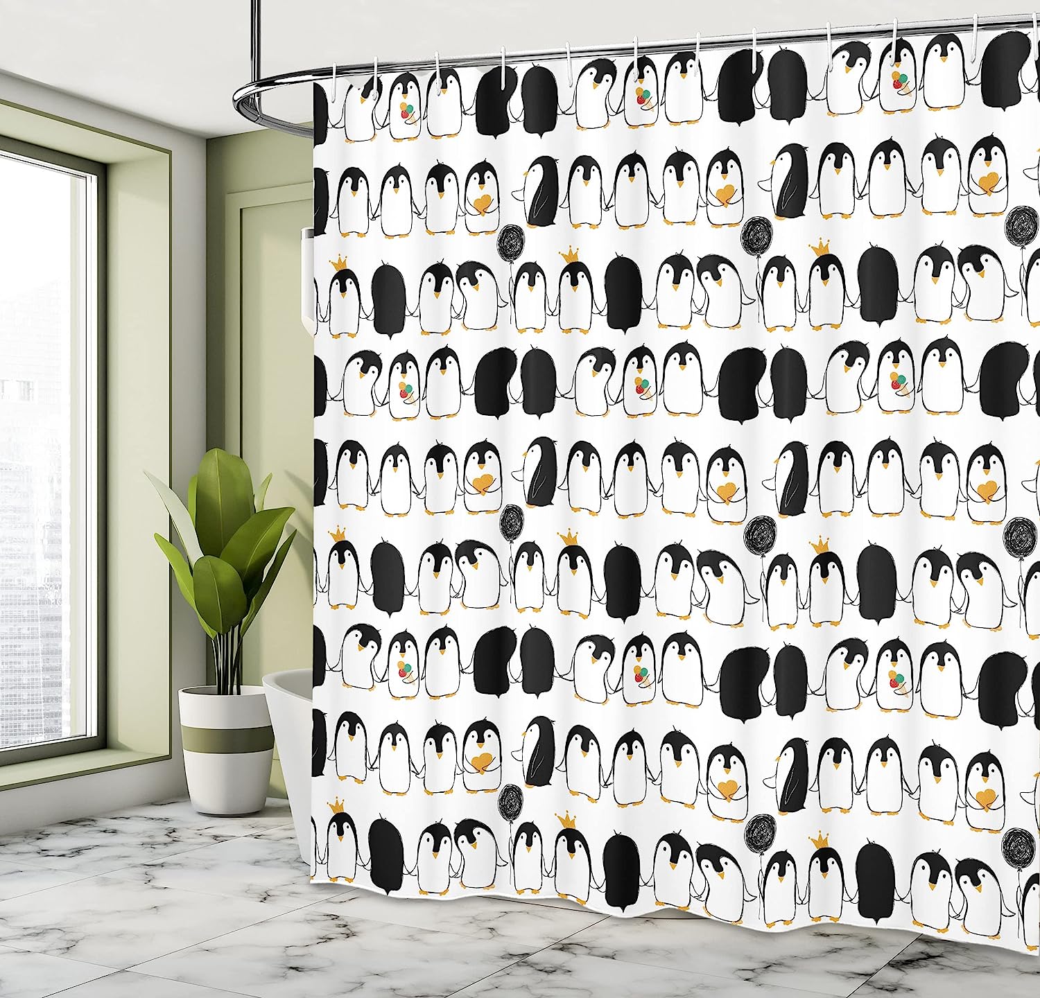 Adorable Penguin Shower Curtain, Cartoon Arctic Animals Holding Hands Theme, Charcoal Grey Marigold - Image 4