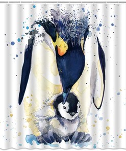 Adorable Penguin Shower Curtain With Watercolor Design