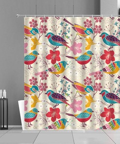 Adorable Pink Blue Yellow Fabric Bathroom Curtain with Colorful Bird, Housewarming Gift