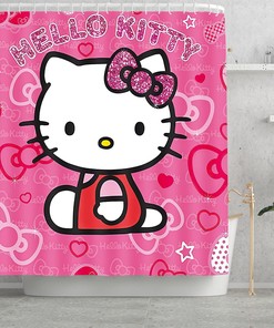 Adorable Pink Cartoon Cat Theme Pongee Shower Curtain for Kid Girl Bathroom
