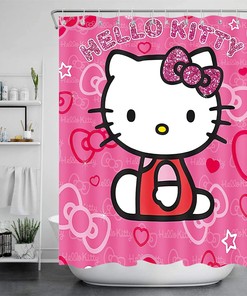 Adorable Pink Cartoon Cat Theme Pongee Shower Curtain for Kid Girl Bathroom