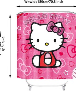 Adorable Pink Cartoon Cat Theme Pongee Shower Curtain for Kid Girl Bathroom