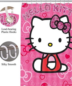 Adorable Pink Cartoon Cat Theme Pongee Shower Curtain for Kid Girl Bathroom