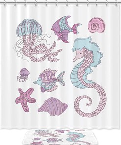 Adorable Pink Cartoon Seahorse Waterproof Shower Curtain for Kids Bathroom Decor